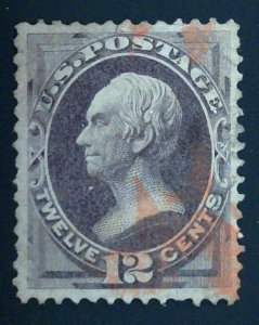 Scott #151 - VF/XF - 12c Dull Violet - Clay - Used with Red cancel - 1870