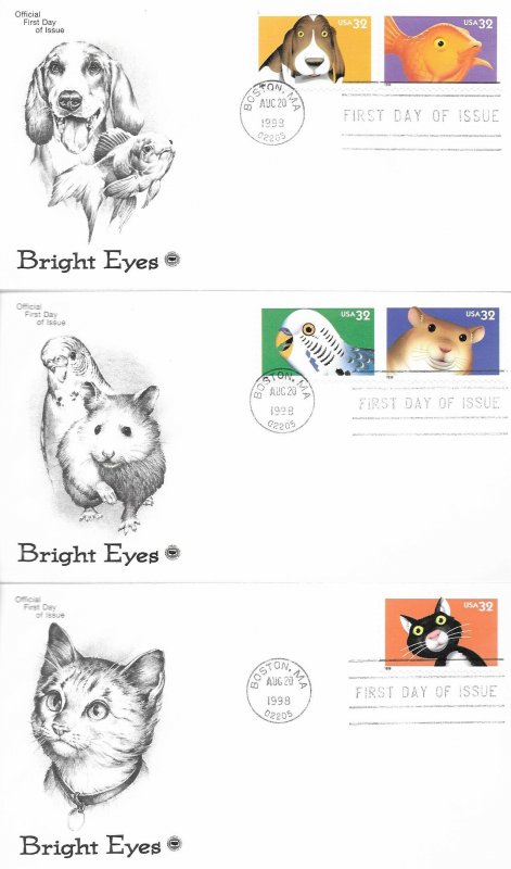 1998 FDC, #3231-3235, 32c Bright Eyes, PCS (3)