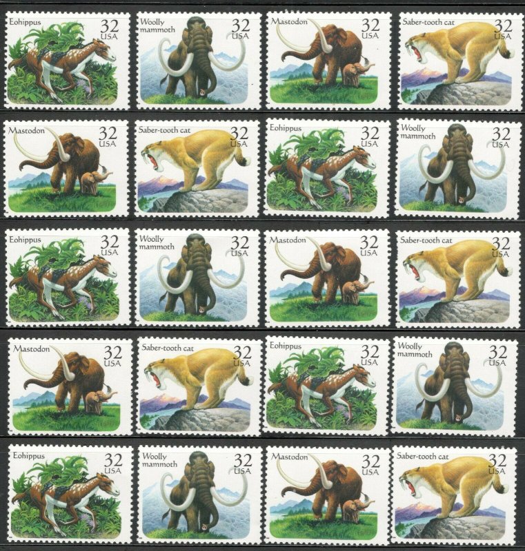 US Postage 3077-80 Prehistoric Animals Wholesale Lot Of 20 Singles Below Face