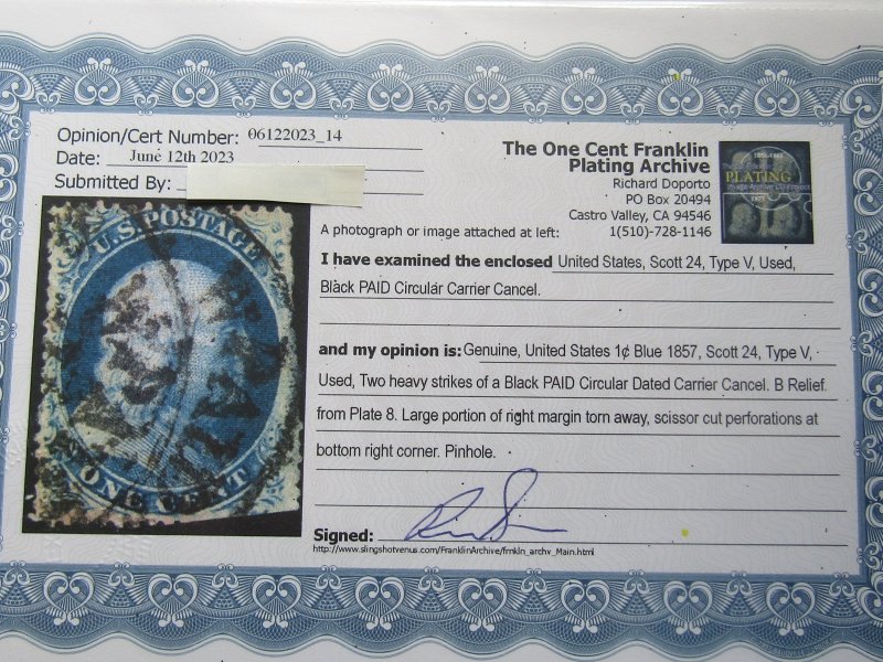 US, Scott #24 used, w/Certificate