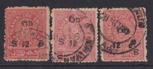 Travancore (India States), SG O76e, O76f, O76h, used, overprint varieties