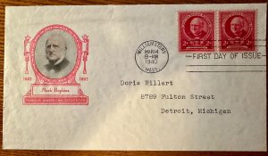 US # 870 Mark Hopkins First Day Cover w/ 2 stamps dated 1940