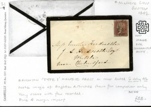 GB Sussex Cover BRIGHTON *TYPE 1* MALTESE CROSS Dated 6 July 1842 1d Red 21.9