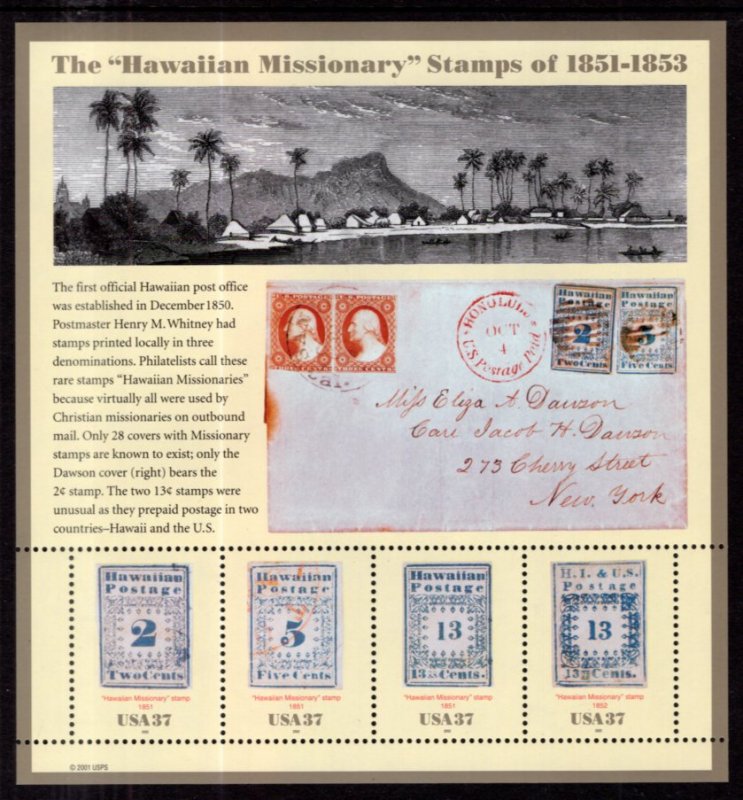 US 3694 Hawaiian Missionary Stamps Souvenir Sheet MNH VF