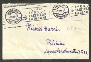 FINLAND FIELDPOST SLOGAN SWISS BRIDGE CANCEL KENTTAPOSTIA MILITARY COVER 1941