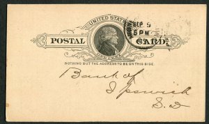 1893 Minneapolis MN to Ipswich SD Postal Card 1c Jefferson National Bank Commerc