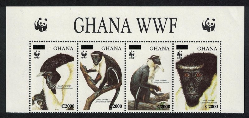 Ghana WWF Diana Monkey 4v Top Strip Ovpted WWF Logo RARR 2006 MNH