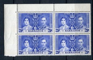 BARBADOS; 1937 early GVI Coronation issue Mint hinged CORNER BLOCK