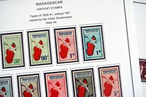 COLOR PRINTED FRENCH MADAGASCAR 1889-1957  STAMP ALBUM PAGES (46 illustr. pages)