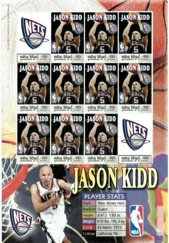 Union Island 2005 - NBA - Jason Kidd - New Jersey Nets - Sheet of Twelve - MNH