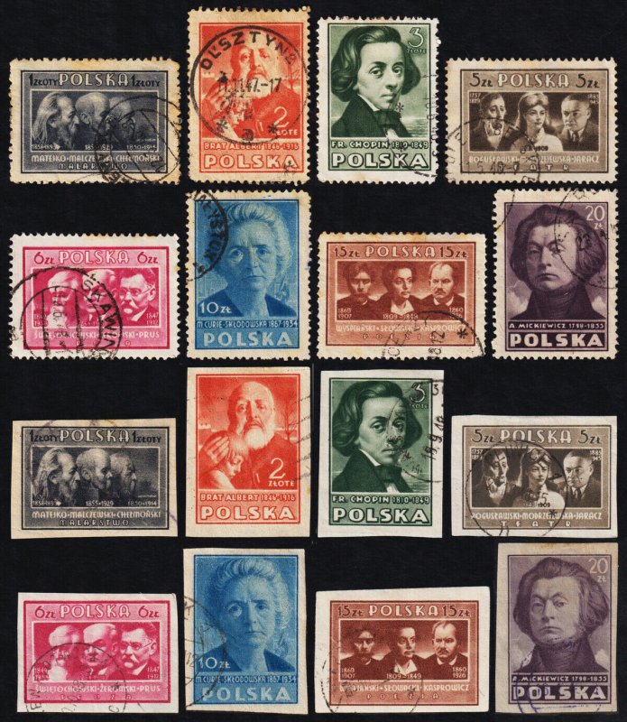 Poland Scott 405-412, 412B-412I (1947) Used F-VF Complete Sets C 