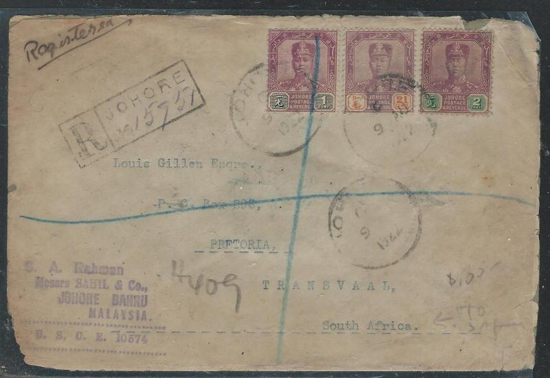 MALAYA JOHORE (PP2508B) 1922 REG A/M 1C+21C+2C TO SOUTH AFRICA   WOW