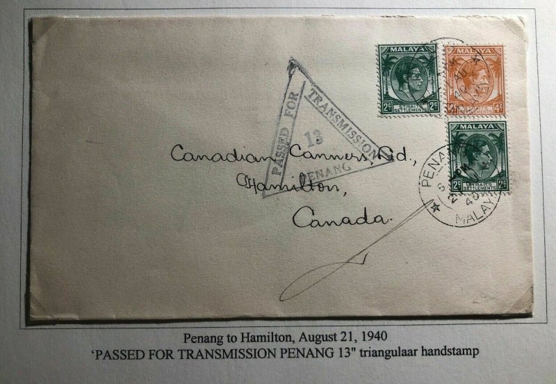 1940 Penang Malaya Commercial Censored Cover To Canners Hamilton Canada