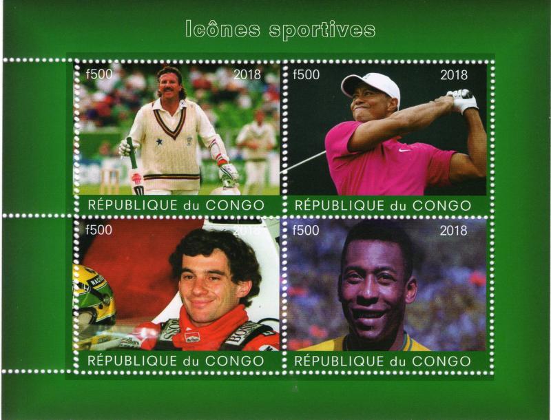 Congo 2018 Botham (Cricket)-Woods(Golf)-Senna(Formula1)Pele(Football) Sheetlet