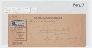 GIBRALTAR 1949 OHMS REG COVER TO VERIFICATION NOTE FOR NEW YORK(SEE BELOW)