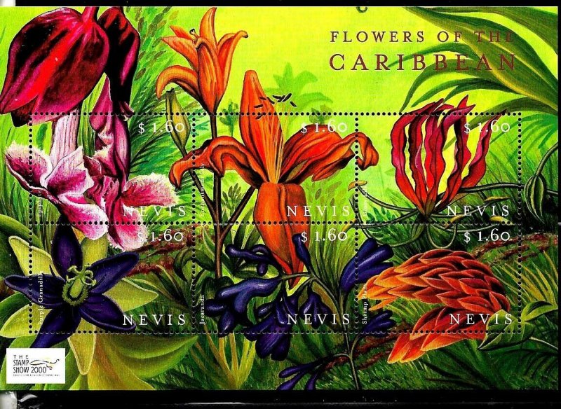 #8176 CARIBE NEVIS 2000 FLORA FLOWERS MINISHEET YV 1449-54 MNH