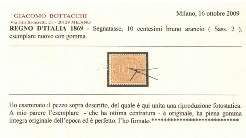 Italy #J2 (Sassone #S2) Mint Extra Fine Never Hinged Gem Signed A. Diena