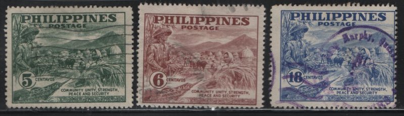 PHILIPPINES, (3) SET, 554-556, USED,1951, Headman of Barangay Inspecting harvest