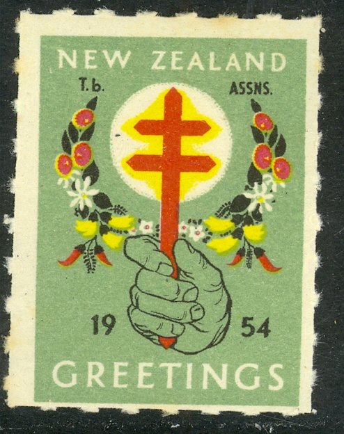 NEW ZEALAND 1954 HAND HOLDING CROSS Anti TB Christmas Seal MLH