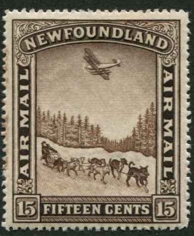 Newfoundland SC# C9 Plane over Dog Sled wmk 224 15c MH
