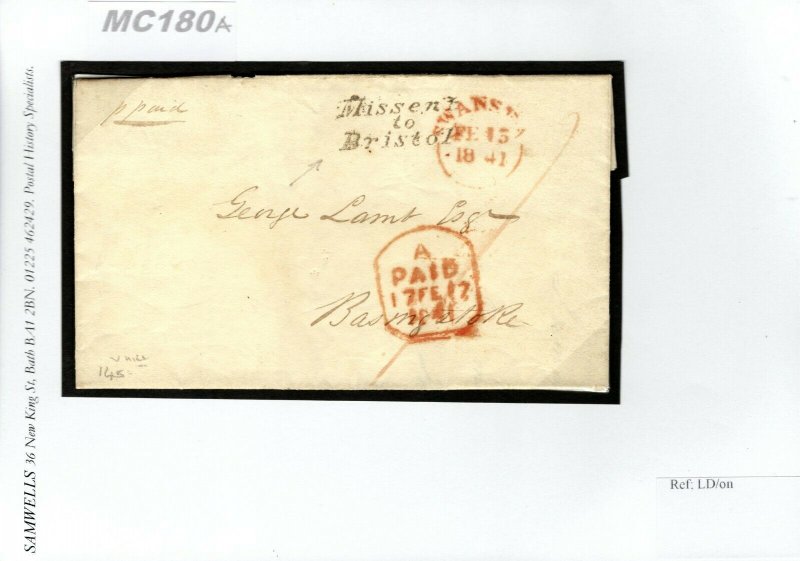 GB Wales Cover  *MISSENT TO BRISTOL* Swansea Entire Letter EL 1841 MC180a