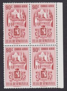 Venezuela Sc C373 MNH. 1951 90c rose brown Air Post, block of 4, VF Buildings