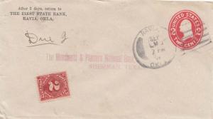United States Oklahoma Ravia 1909 4a-bar  Postal Stationery Envelope  Overwei...