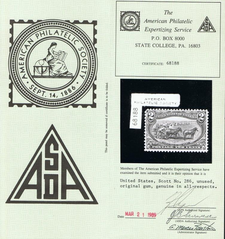 AMAZING SCOTT #286 MINT OG NH 2₵ TRANS-MISS XF WITH APS CERT - PRICED TO SELL