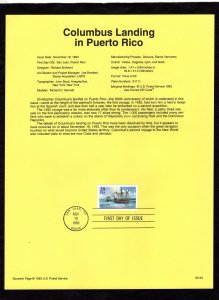 SP1056 Columbus in Puerto Rico, Souvenir Page FDC (#2805)