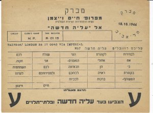 JEWISH TELEGRAM RELATED TO NEW ALIYAH   (24-03 #409)