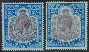 MALTA 1914 KGV 2/- BOTH SHADES WMK MULTI CROWN CA