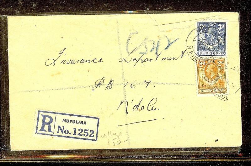 NORTHERN RHODESIA (P1210B) KGV 2D+3D REG FROM MUFULIRA TO  N'DOLU