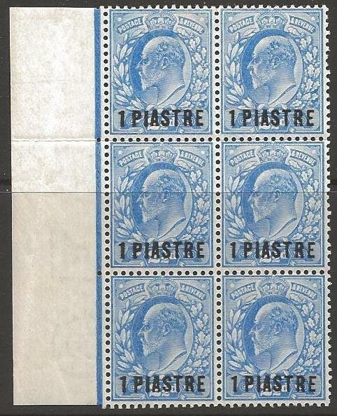 BRITISH LEVANT SG25 1911 1pi on 2½d BRIGHT BLUE BLOCK OF 6 MTD MINT 4 ARE MNH
