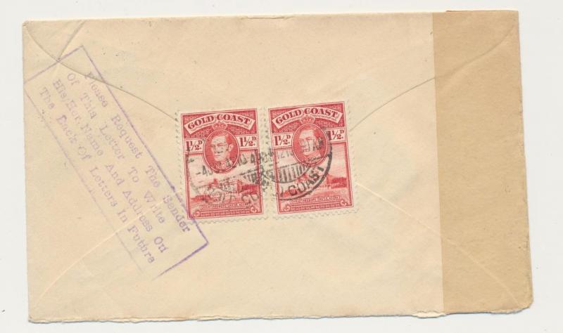 GOLD COAST -USA 1942 CENSOR COVER SHORT PAID+T MK, 3d RATE (SEE BELOW