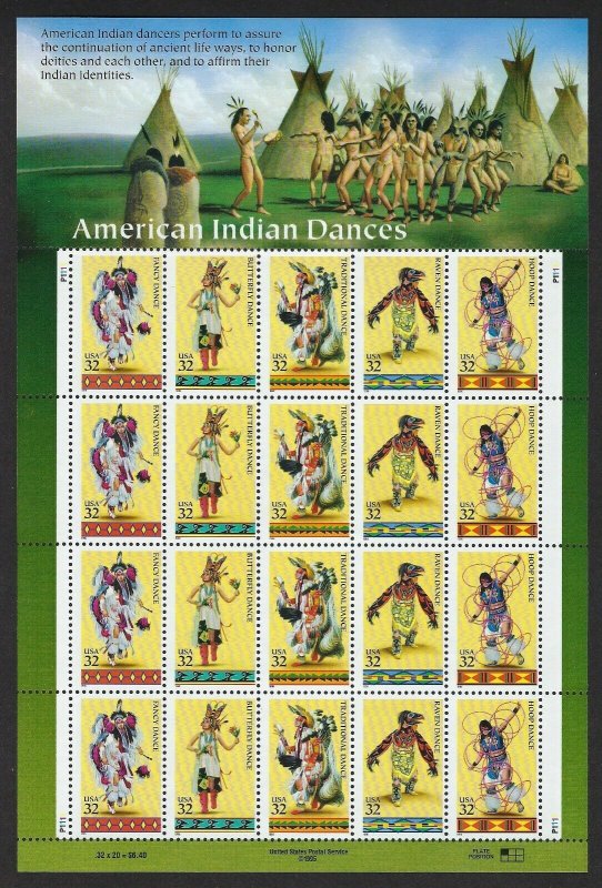 U.S.#3072-76 INDIAN DANCES  MINT, VF, NH   FULL SHEET @ FACE VALUE!