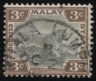 MALAYA  1901  3c Used Tiger, Sc 19  F-VF, KUALA LUMPUR Postmark/cancel