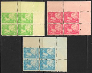 CUBA 1946 Retirement Fund Set in BLOCKS OF 4 Sc 399-401 MNH