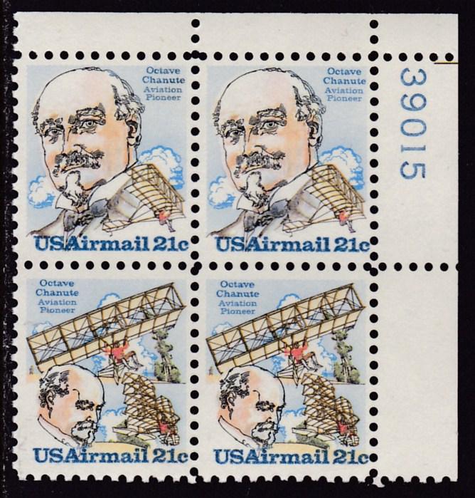 United States 1979 21c Octave Chanute Airmail Plate Number Block of Four VF/NH