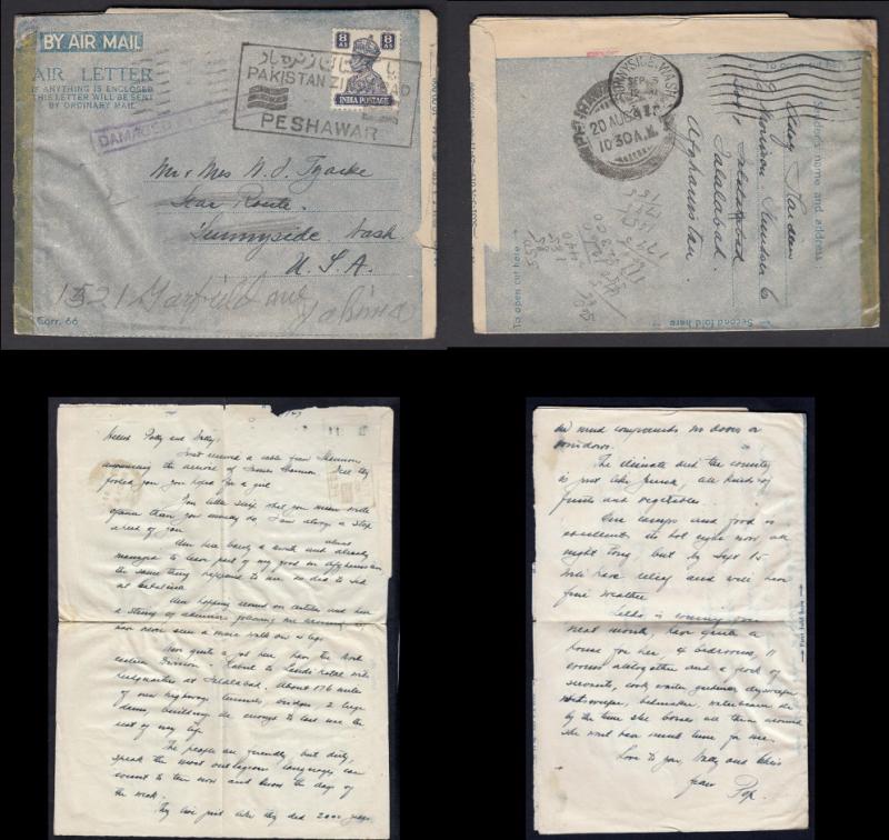 1947 KGVI India Air Letter stationary used in Pakistan + slogan cancel, damaged