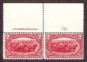 US 286 2c Trans-Mississippi Mint Plate #751 Top Pair F-VF OG NH SCV $160