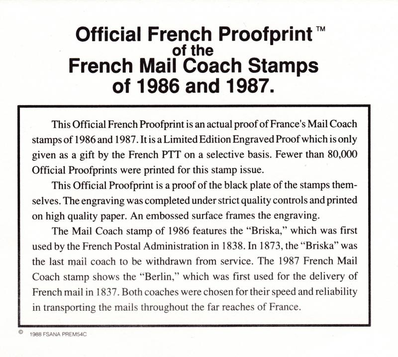 France 1986 Imperf Proofprint Ungumed Hard Card. Stamp Day Mail Britzska  XF