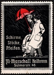 Vintage Germany Poster Stamp Umbrellas, Sticks, Whistles. M. Marshal Heilbronn