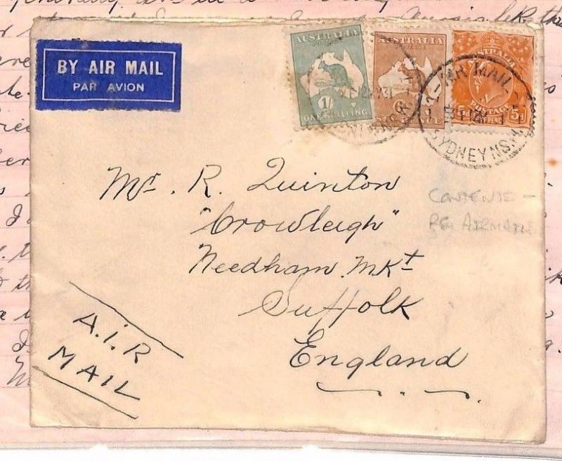 AUSTRALIA Cover KANGAROO FRANKING 1s/11d Rate GB 1931 Contents Re AIRMAIL MS3937