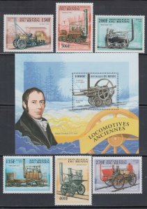 BENIN Sc# 1022-8 CPL MNH SET of 6 DIFF + ONE SOUVENIR SHEET of EARLY LOCOMOTIVES