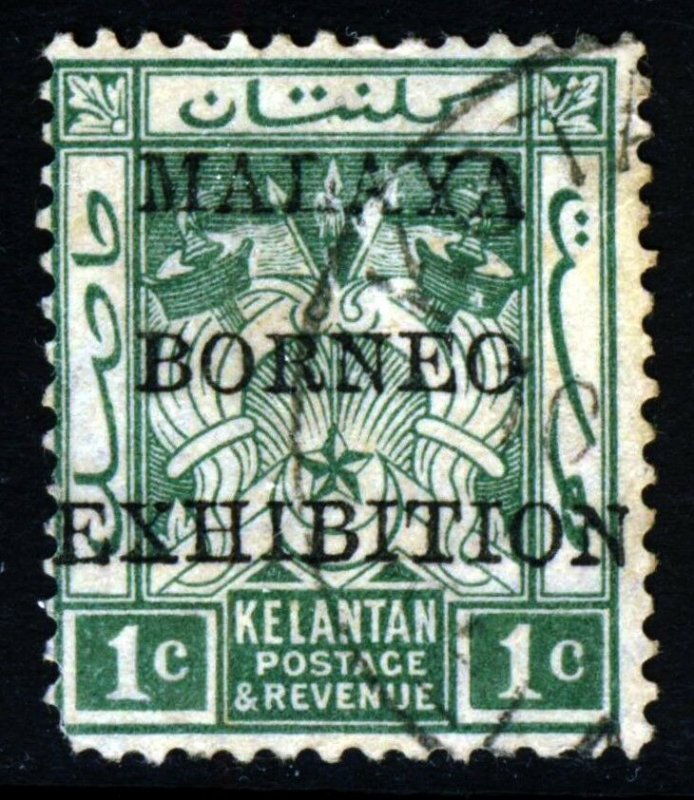 KELANTAN MALAYSIA 1922 1c. MALAYA BORNEO EXHIBITION OVERPRINT Wmk MSCA SG 37 VFU