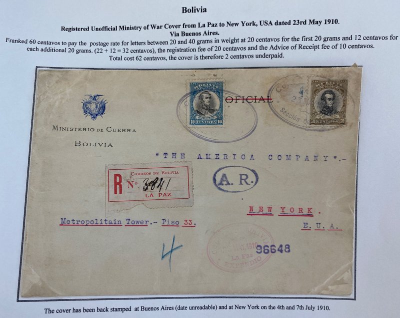 1910 La Paz Bolivia Unofficial War Minister Registered Cover To New York Usa 