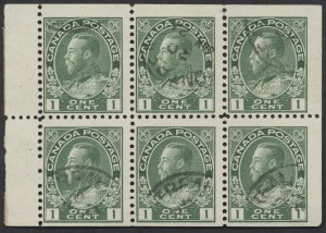 Canada #104a 1c Green Admiral Booklet Pane of 6 Used Light CDS Cancels