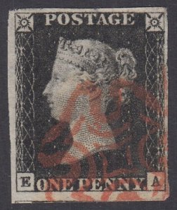 SG 1 1d black plate 5 lettered EA. Very fine used with a red Maltese cross...