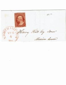 Scott #10 F/VF-On cover. SCV - $260.00