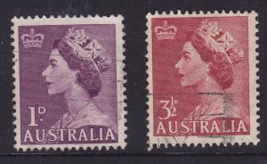 Australia #261, 263 (2for1) 1953 QE II  - 1d, 3 1/2d used 